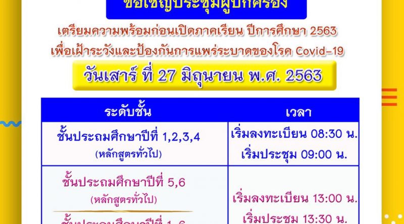 ขอเชิญประชุมผู้ปกครอง วันเสาร์ที่ 27 มิถุนายน 2563